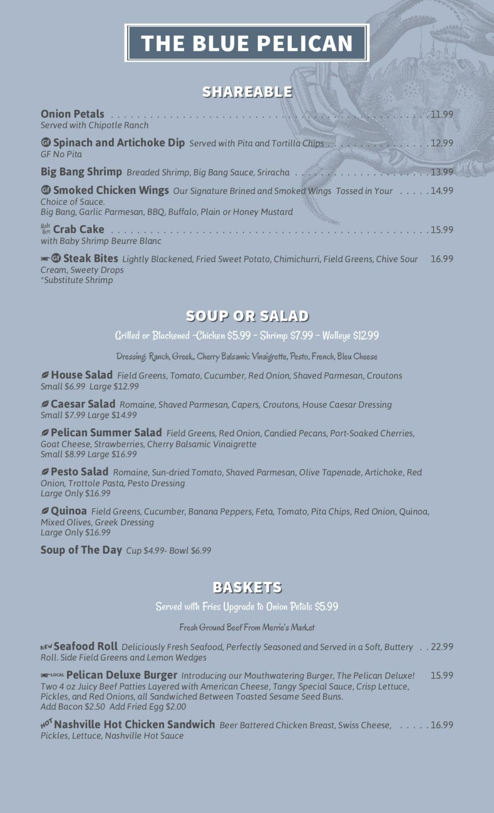 Menus for food and wine at The Blue Pelican | Blue Pelican